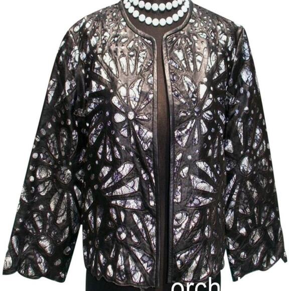 Cache Laser Cut Leather Lace Swing Jacket Top New Peek A Boo Black White $398 - Picture 2 of 6